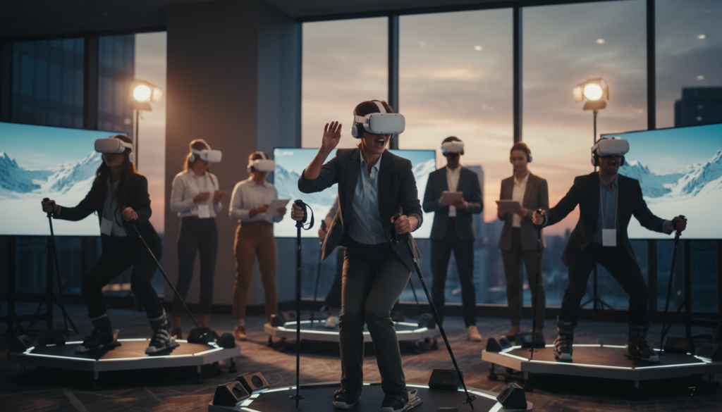 collaborateurs avec des casques VR qui apprécient un siulateur de ski VR