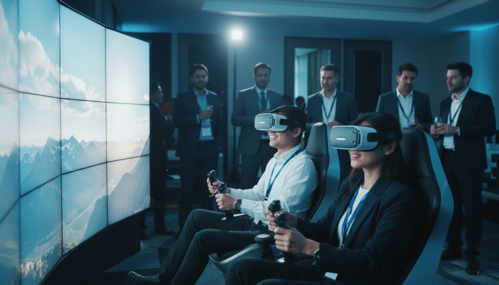 prospects qui portent des casques VR d'un simulateur de vol VR