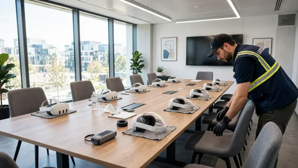 Professionnel en train de faire l'installation de casques VR dans une salle de réunion