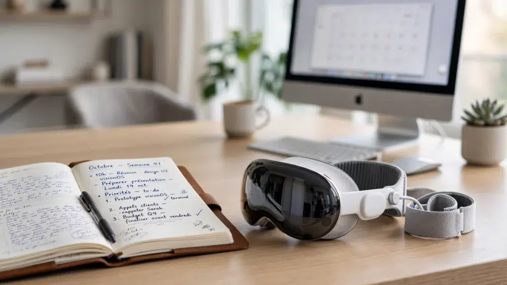 Casque Apple viion pro posé sur une table de bureau