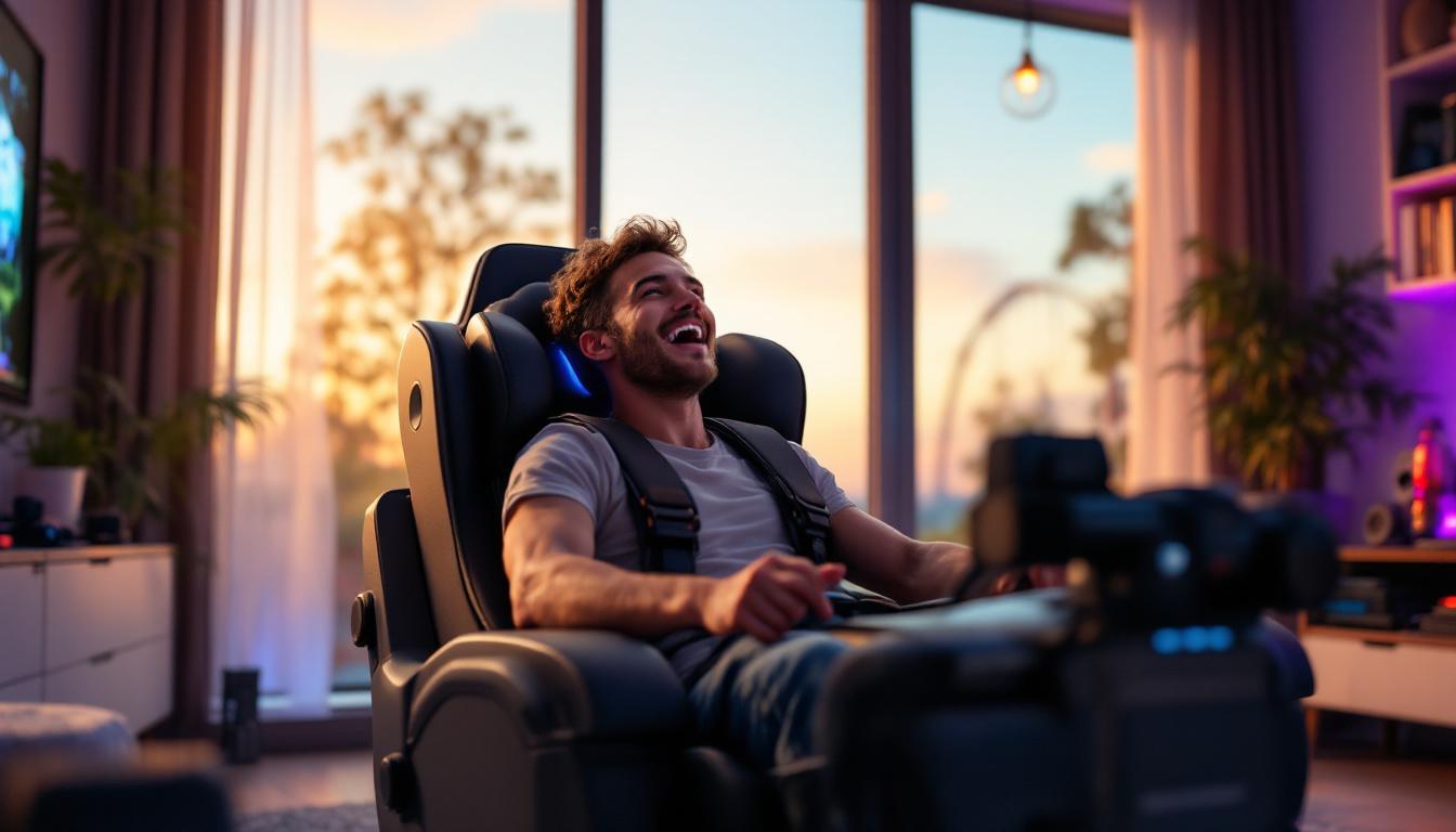vivez des sensations fortes de montagnes russes chez vous grâce à notre simulateur de mouvement assis. plongez dans une expérience immersive avec des effets haptiques réalistes qui vous feront ressentir chaque montée et descente. transformez votre salon en parc d'attractions et laissez-vous emporter par l'adrénaline !