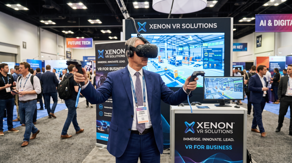 Un dirigeant d'entreprise qui essai un simulateur VR.